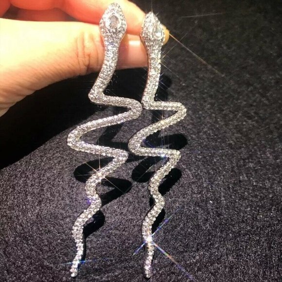 Unbranded Jewelry - Crystal Snake Reptile Drop Statement Earrings - Large Silver Tone